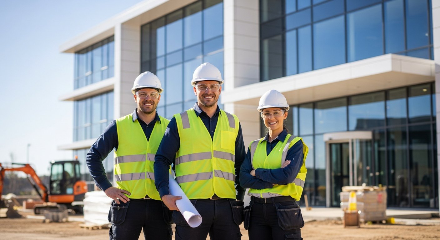 Adam Extensions construction team standing proudly in front of a completed home extension project in Manchester