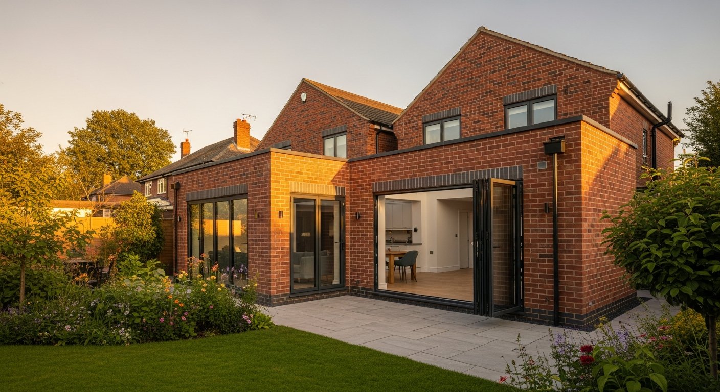 Completed double-storey brick home extension in a Manchester suburban setting with bi-fold doors and garden