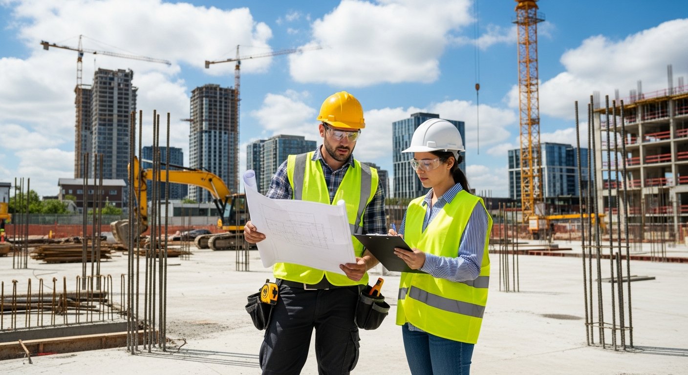Construction professionals reviewing architectural blueprints at a building site